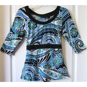 NEW YORK & COMPANY - Blue & Green Paisley Retro Print 3/4 Sleeve Knit Top S